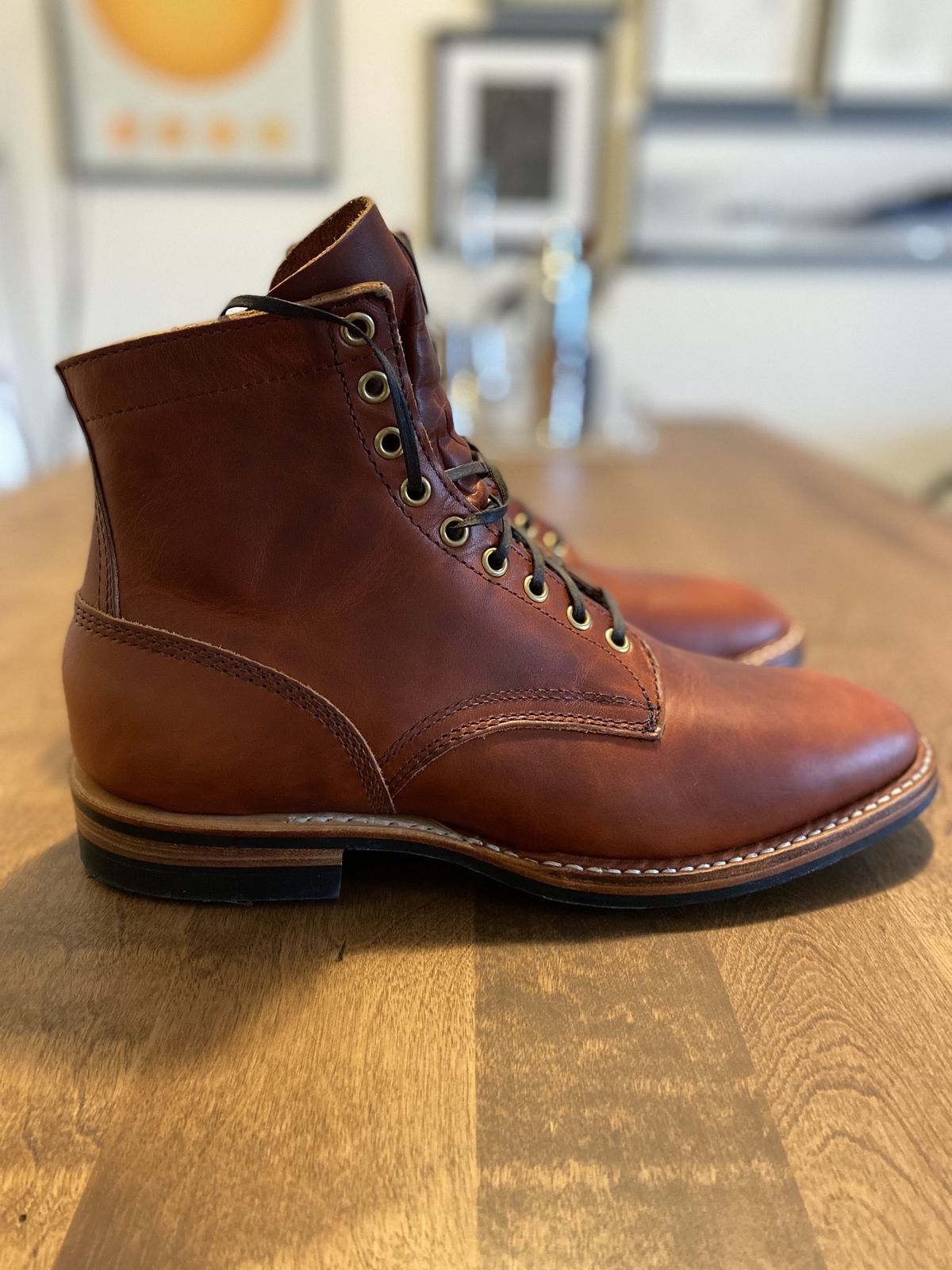 Photo by patinathunderdome on September 30, 2021 of the White's MP-Sherman Plain Toe in Wickett & Craig Red Latigo.