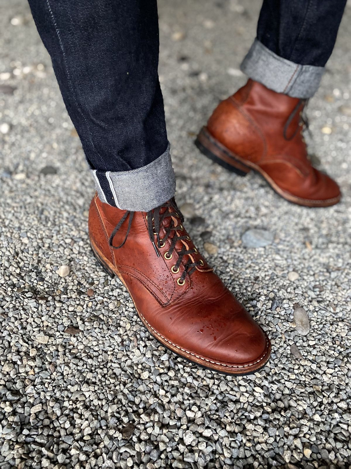 Photo by patinathunderdome on November 2, 2021 of the White's MP-Sherman Plain Toe in Wickett & Craig Red Latigo.