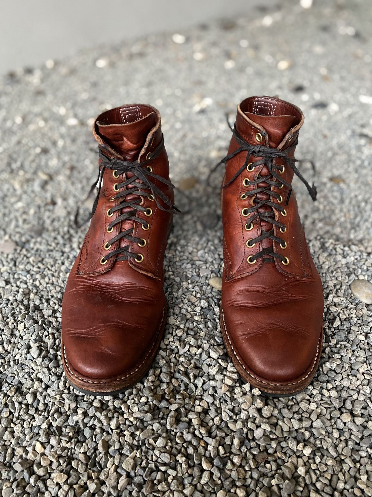 Photo by patinathunderdome on November 2, 2021 of the White's MP-Sherman Plain Toe in Wickett & Craig Red Latigo.