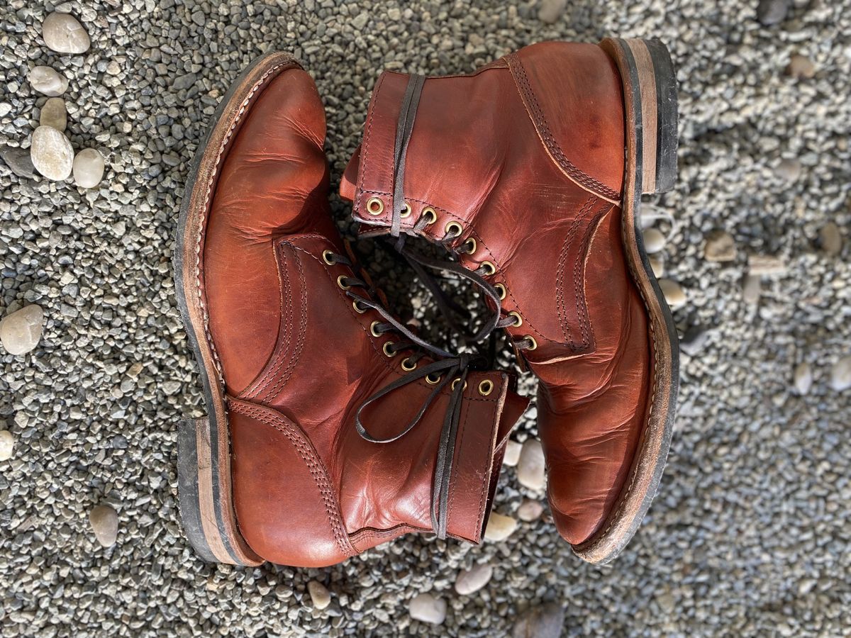 Photo by patinathunderdome on December 2, 2021 of the White's MP-Sherman Plain Toe in Wickett & Craig Red Latigo.