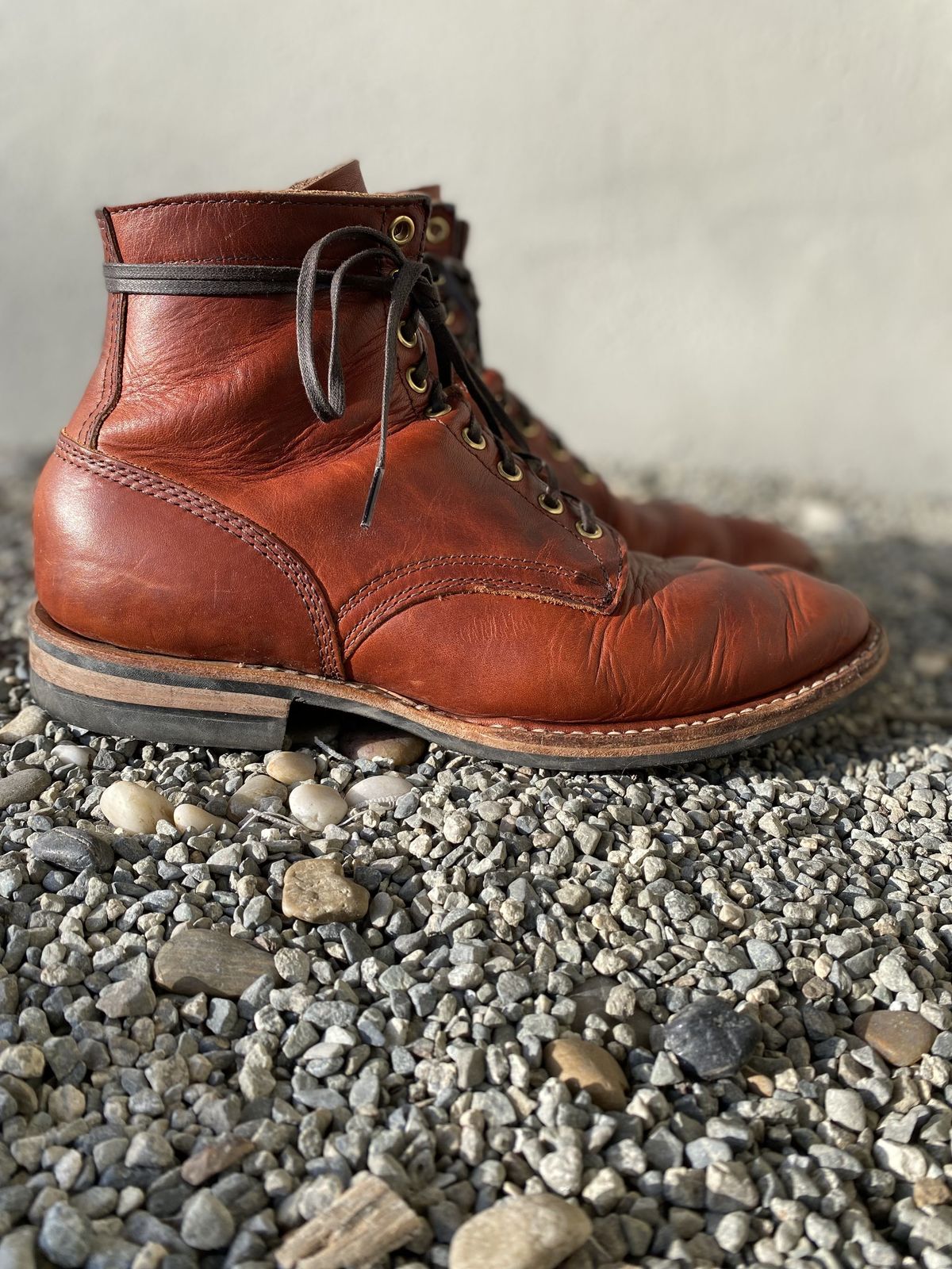 Photo by patinathunderdome on December 2, 2021 of the White's MP-Sherman Plain Toe in Wickett & Craig Red Latigo.