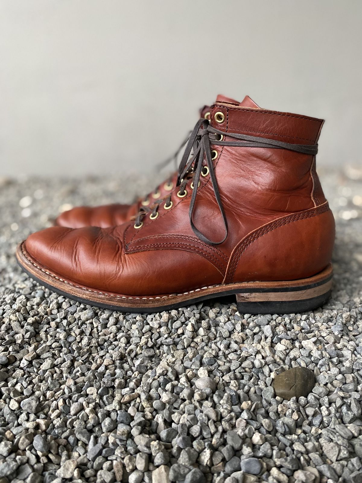 Photo by patinathunderdome on January 3, 2022 of the White's MP-Sherman Plain Toe in Wickett & Craig Red Latigo.