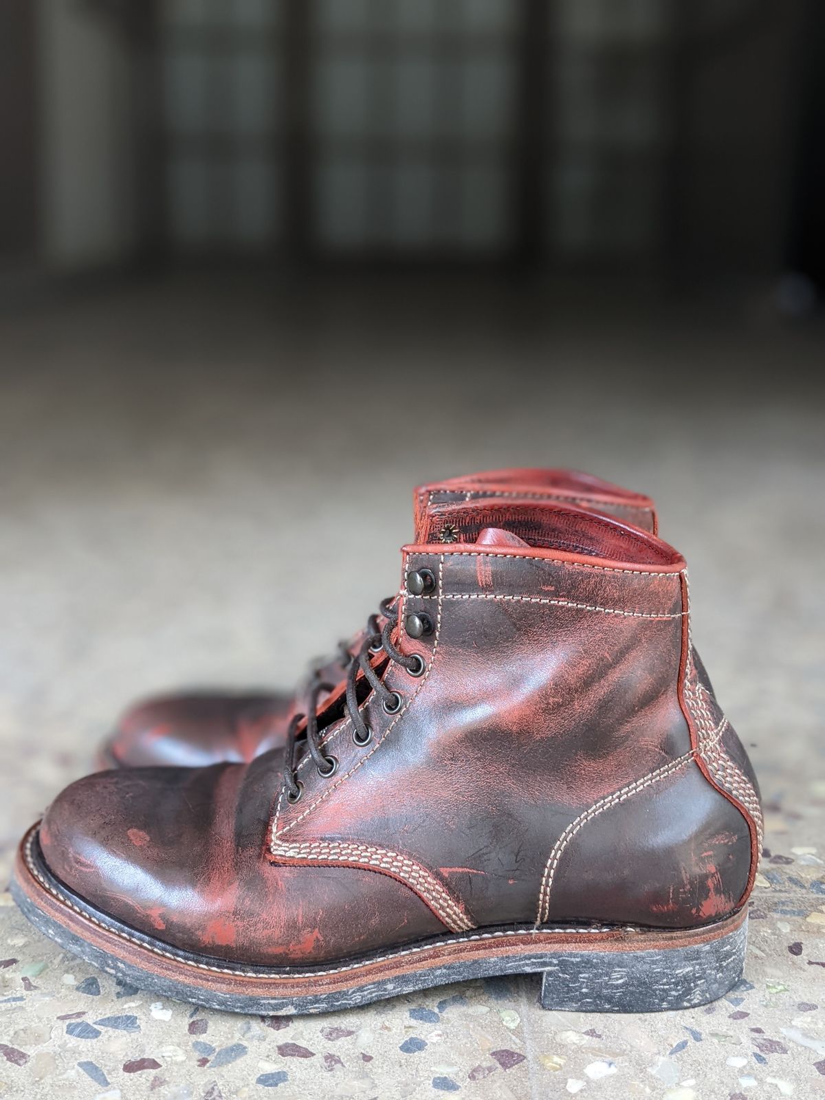 Photo by patinathunderdome on May 5, 2022 of the Bridlen Iron Boot in Conceria Walpier Red Burro Ghost.