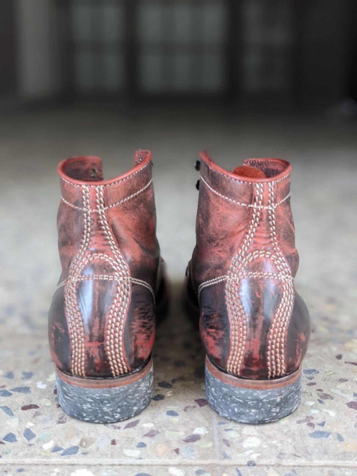 Photo by patinathunderdome on May 5, 2022 of the Bridlen Iron Boot in Conceria Walpier Red Burro Ghost.