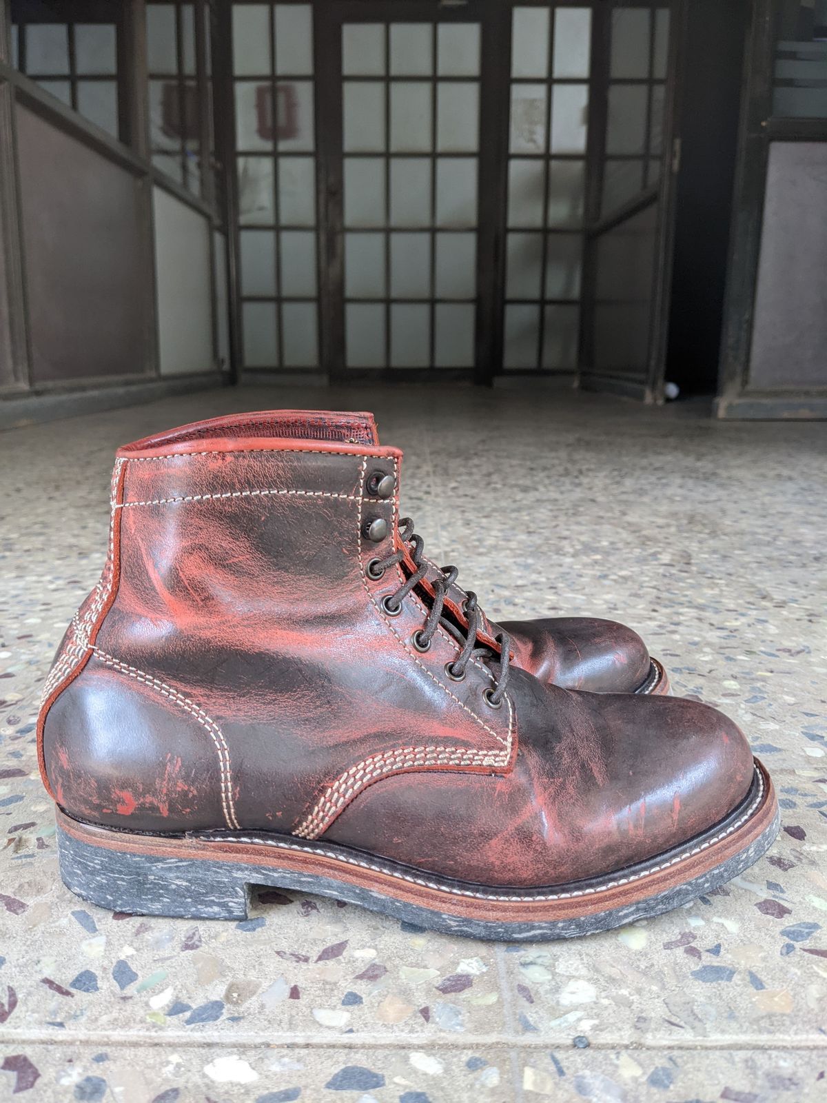 Photo by patinathunderdome on May 5, 2022 of the Bridlen Iron Boot in Conceria Walpier Red Burro Ghost.