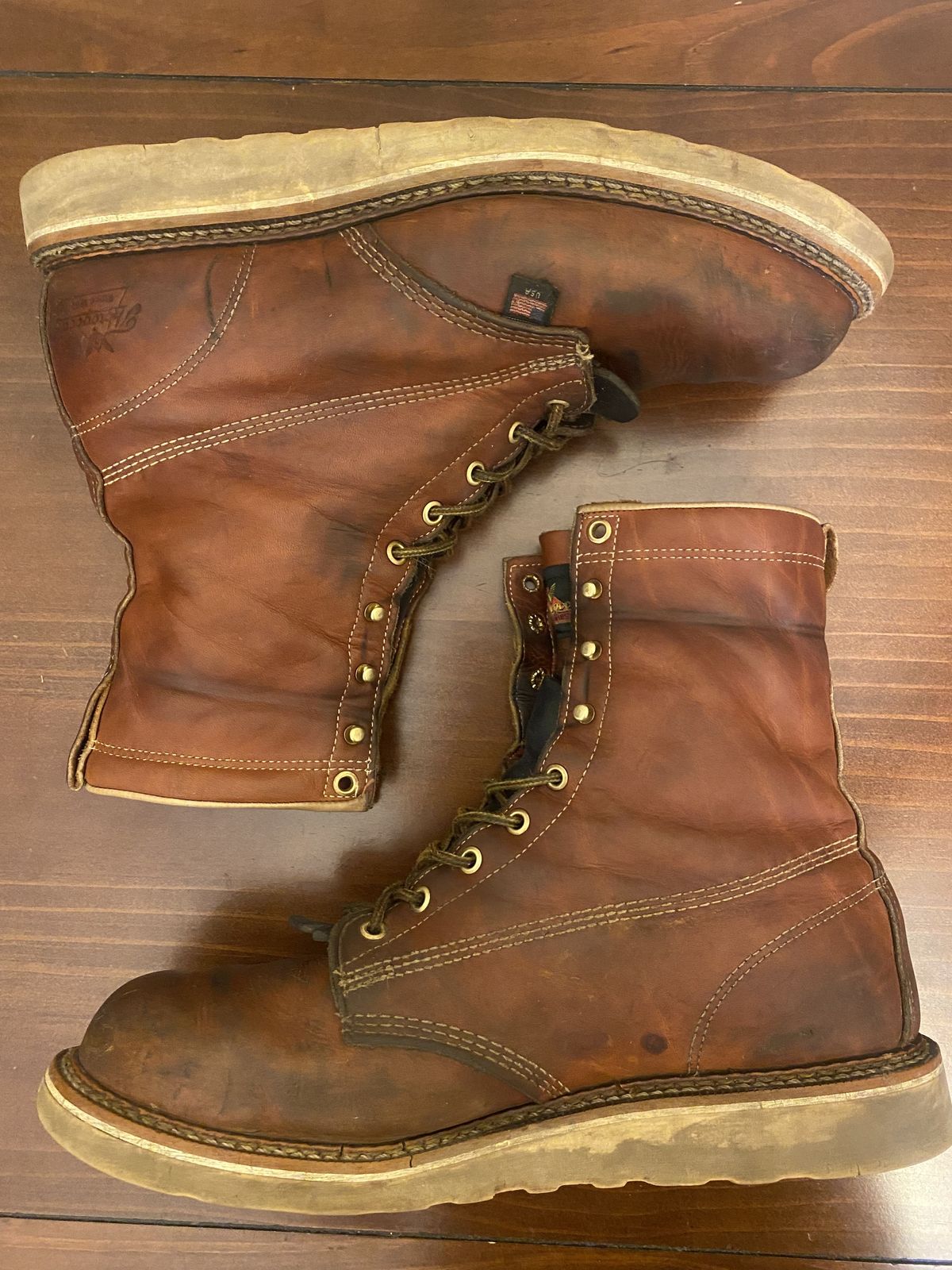 Photo by patinathunderdome on March 5, 2022 of the Thorogood 8" Plain Toe in Tobacco.