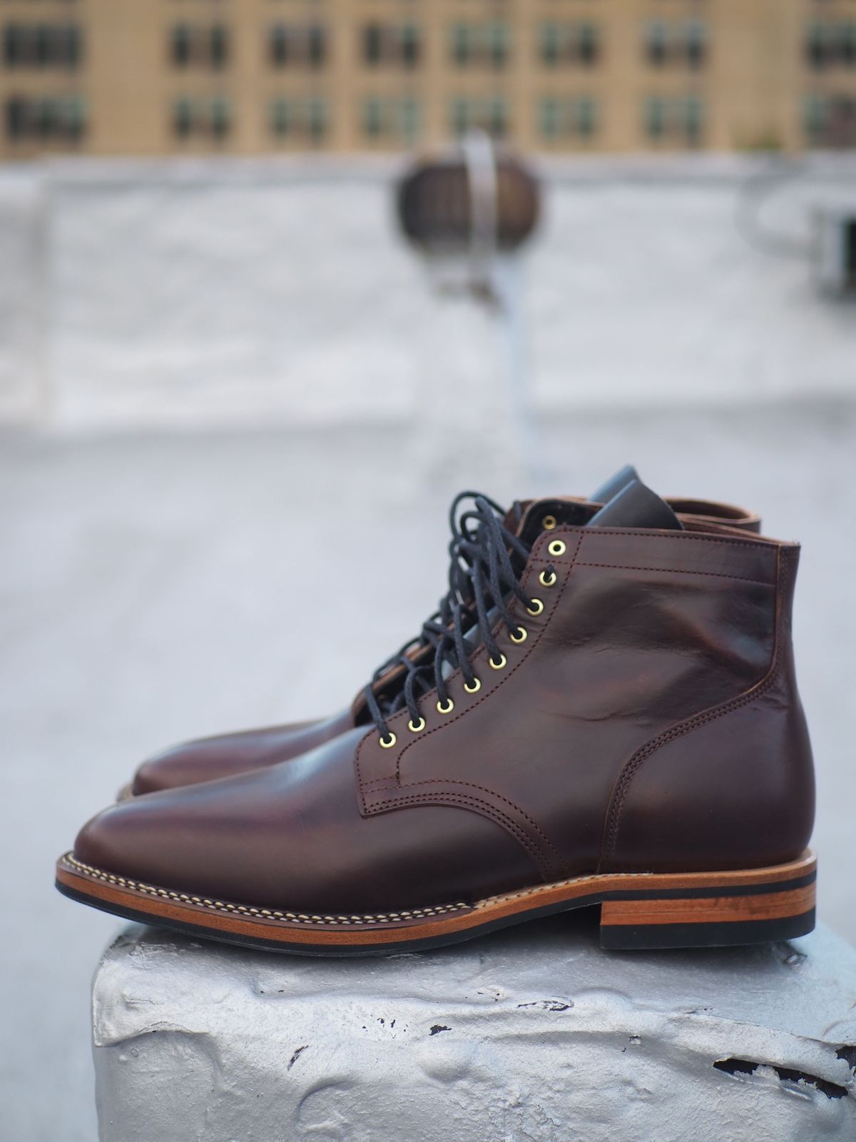 Photo by patinathunderdome on October 1, 2021 of the Viberg Service Boot in Maryam Brown Horsebutt.
