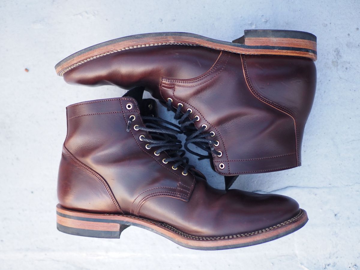 Photo by patinathunderdome on December 4, 2021 of the Viberg Service Boot in Maryam Brown Horsebutt.