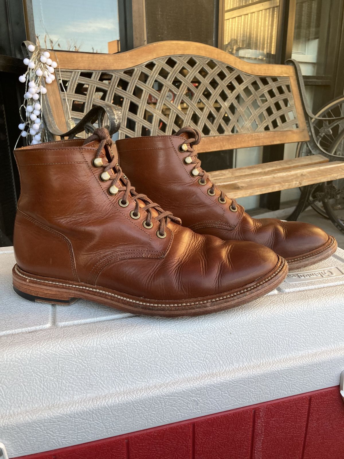 Photo by patinathunderdome on November 3, 2021 of the Grant Stone Diesel Boot in Badalassi Carlo Cognac Minerva.