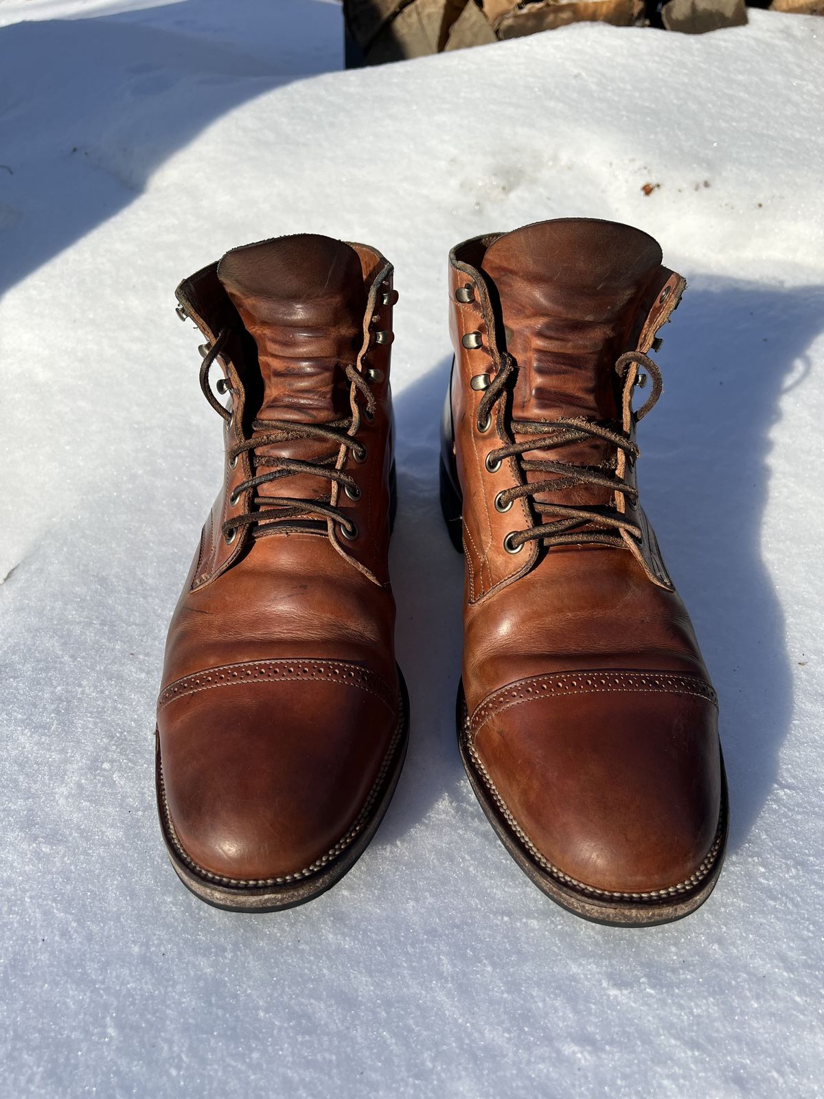 Photo by patinathunderdome on February 5, 2022 of the Viberg Service Boot in Maryam Used Cuoio Vitello Calf.