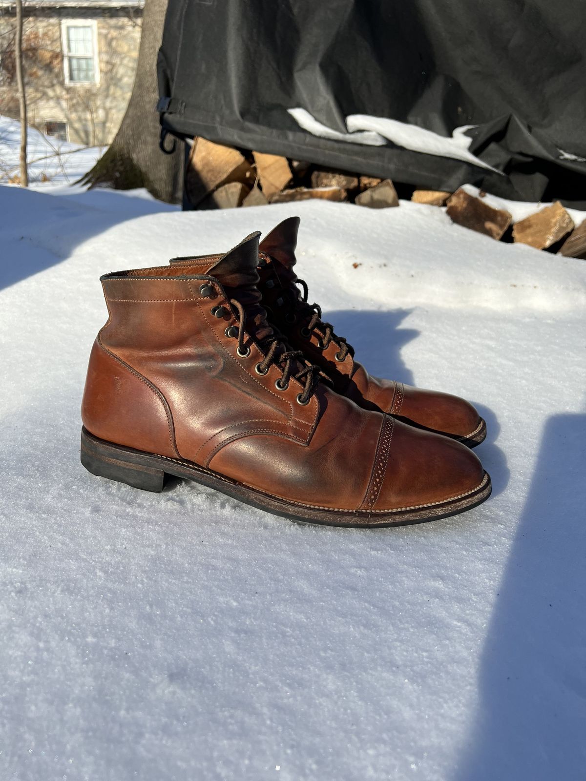Photo by patinathunderdome on February 5, 2022 of the Viberg Service Boot in Maryam Used Cuoio Vitello Calf.