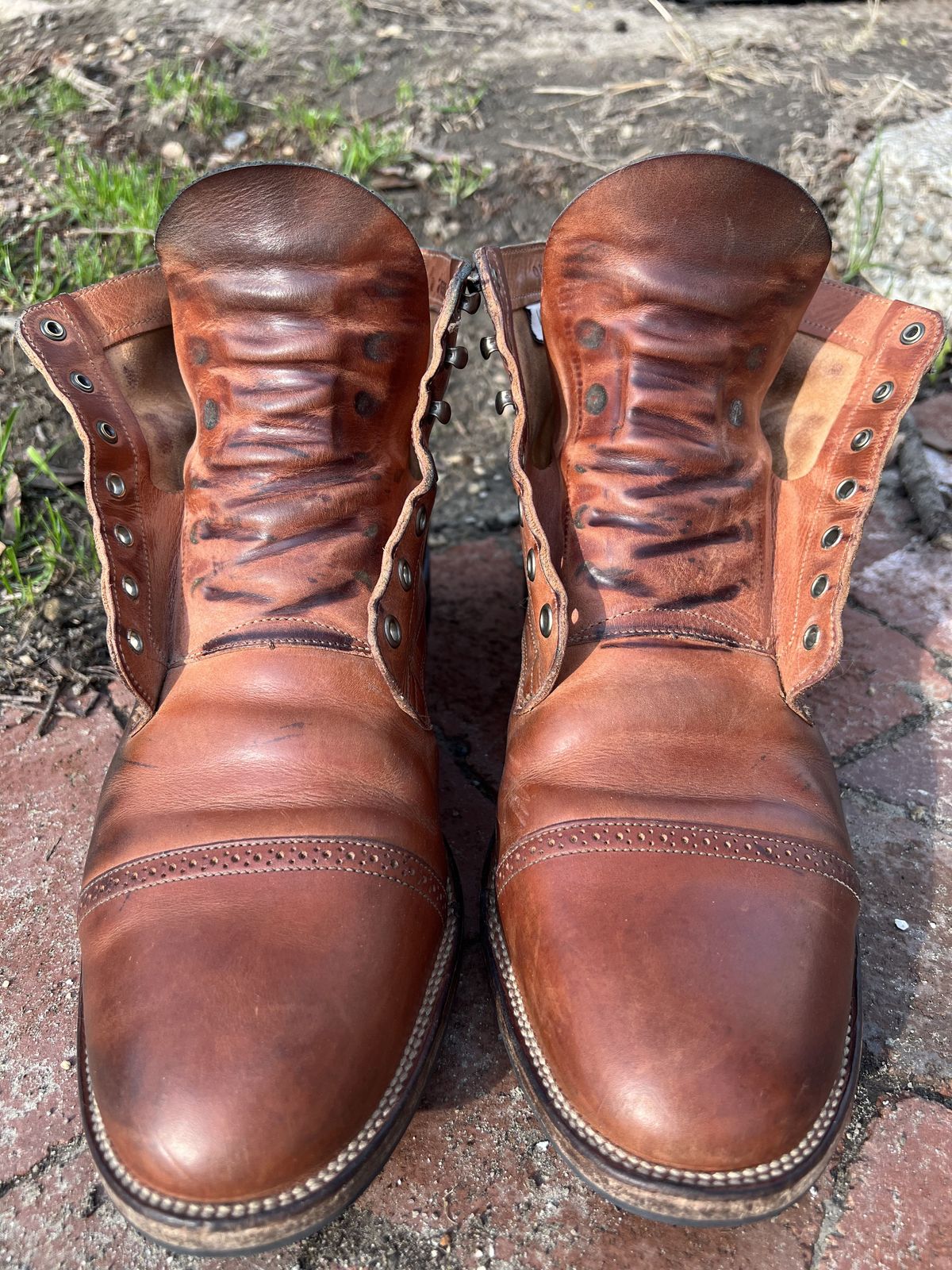 Photo by patinathunderdome on May 6, 2022 of the Viberg Service Boot in Maryam Used Cuoio Vitello Calf.