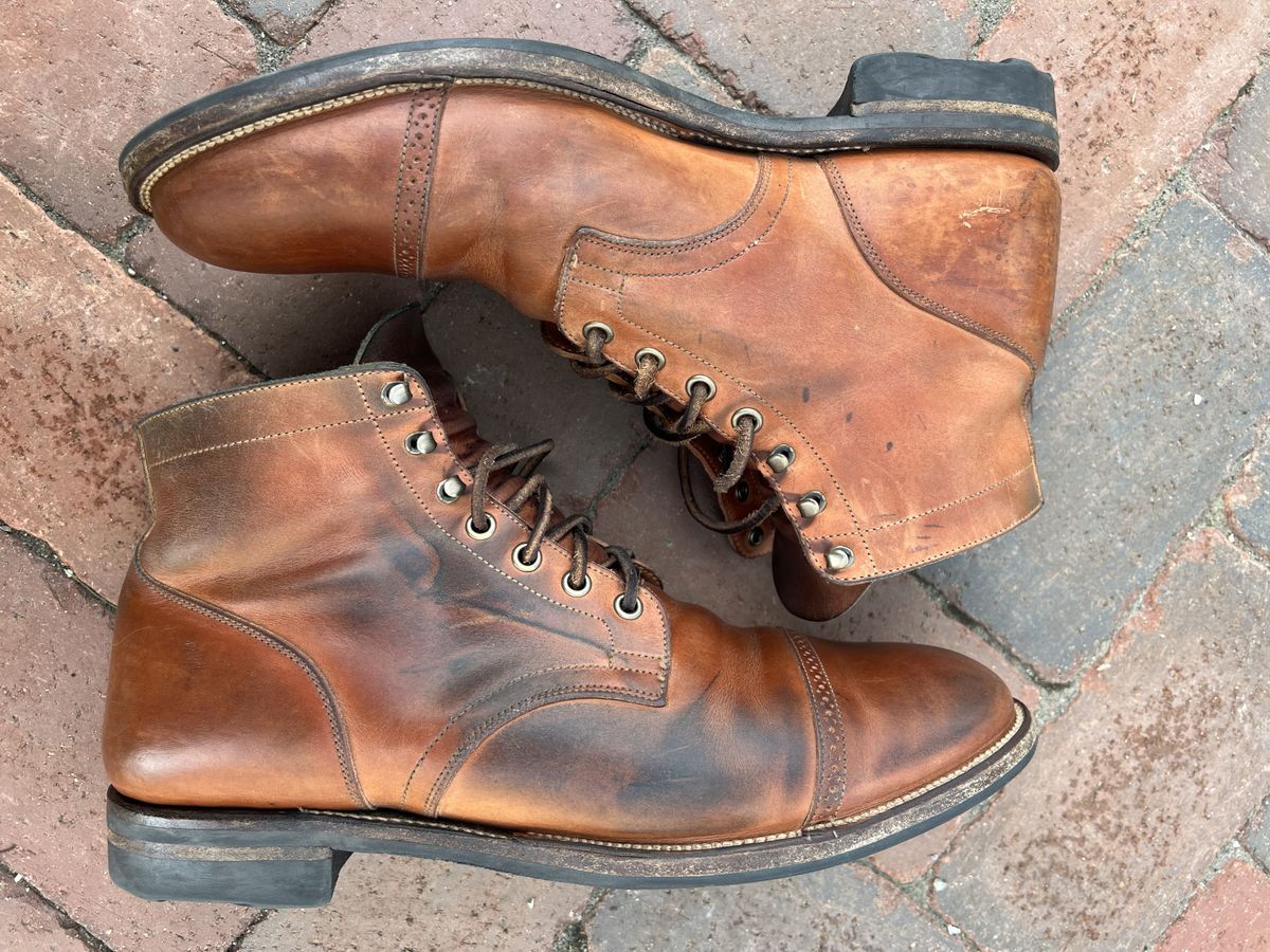 Photo by patinathunderdome on May 6, 2022 of the Viberg Service Boot in Maryam Used Cuoio Vitello Calf.