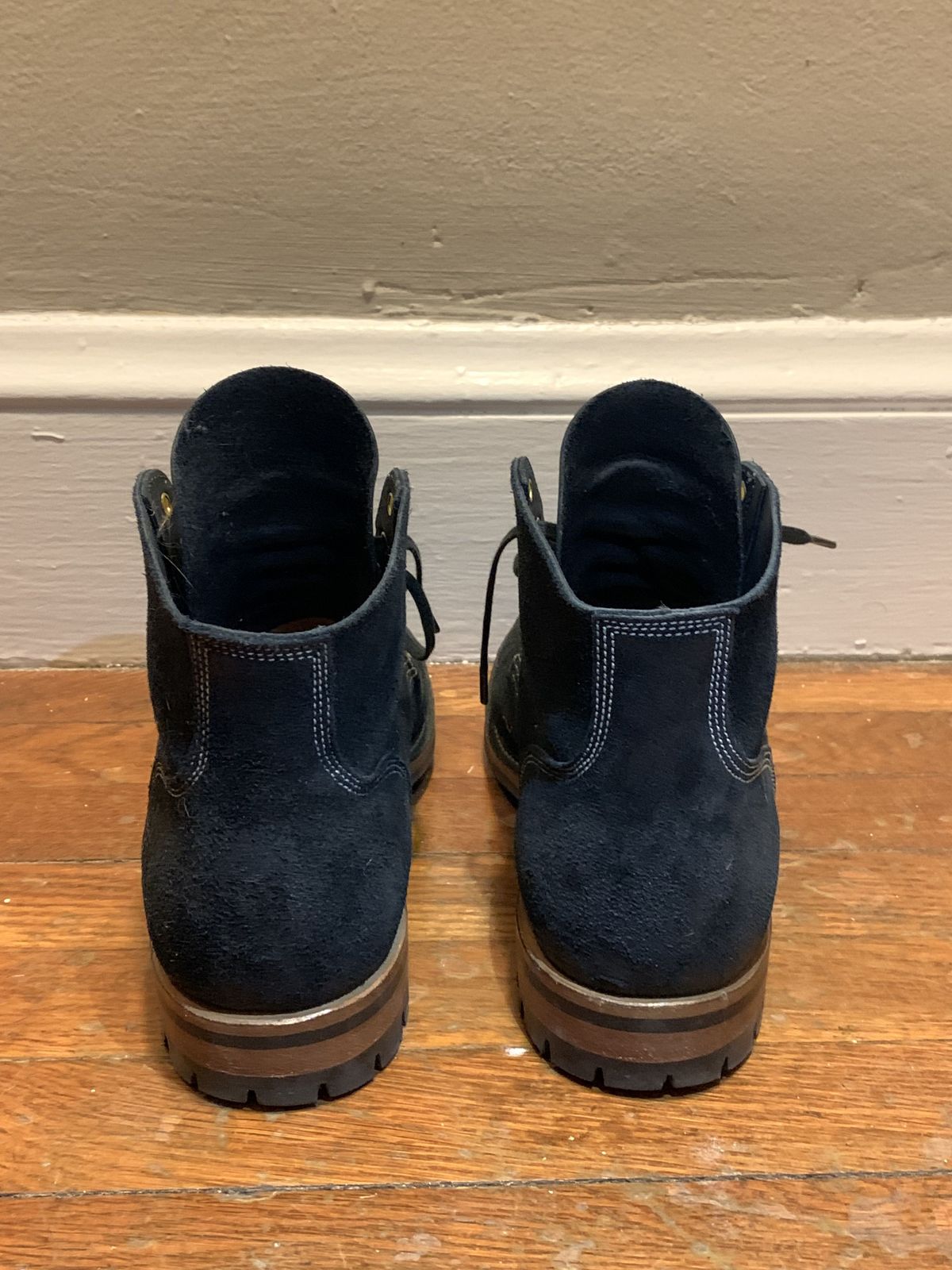 Photo by patinathunderdome on January 6, 2022 of the Viberg Boondocker in Horween Petrol Chamois Roughout.