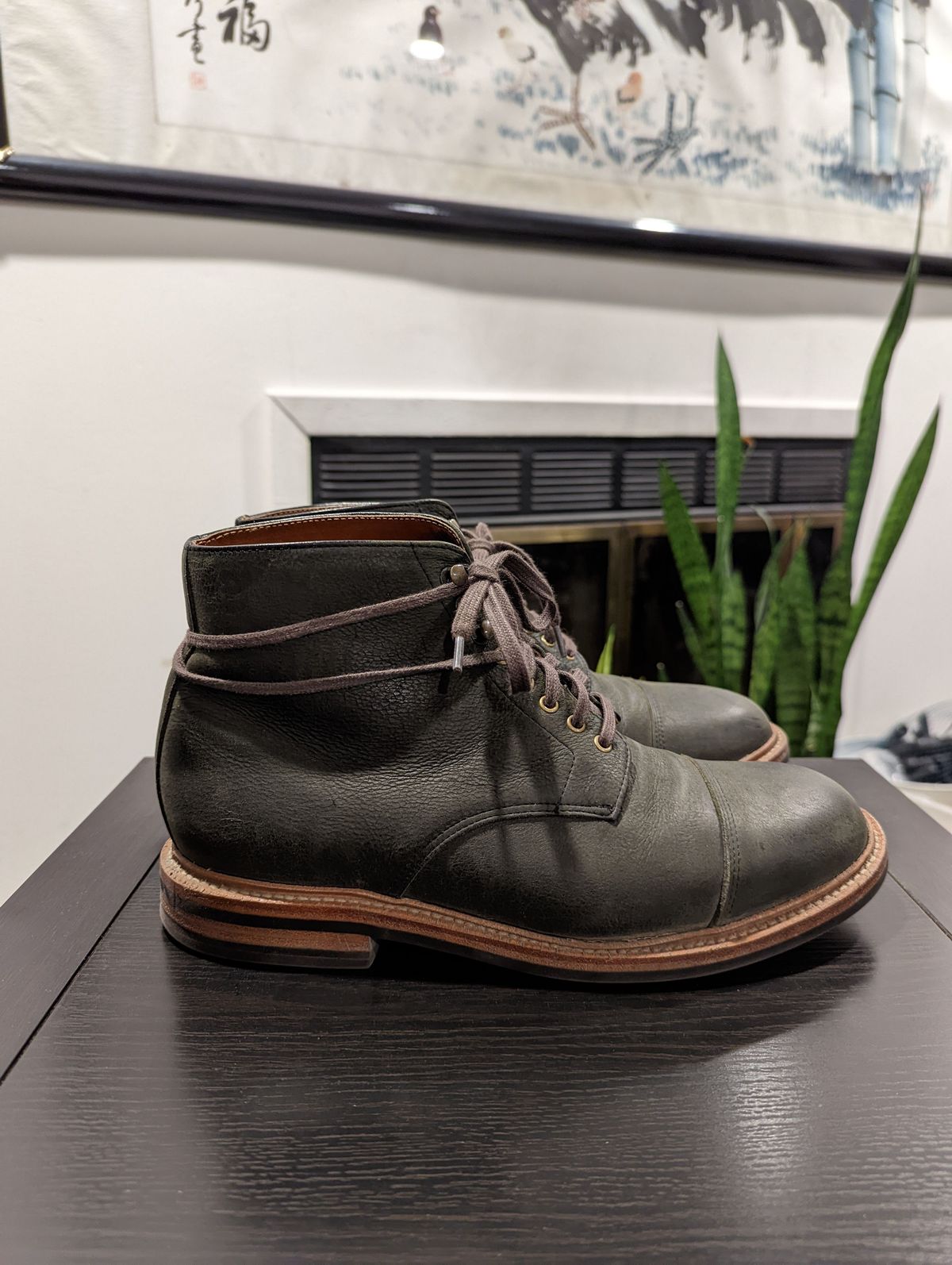 Photo by patinathunderdome on December 6, 2021 of the Grant Stone Cap Toe Boot in C.F. Stead Forest Kudu.