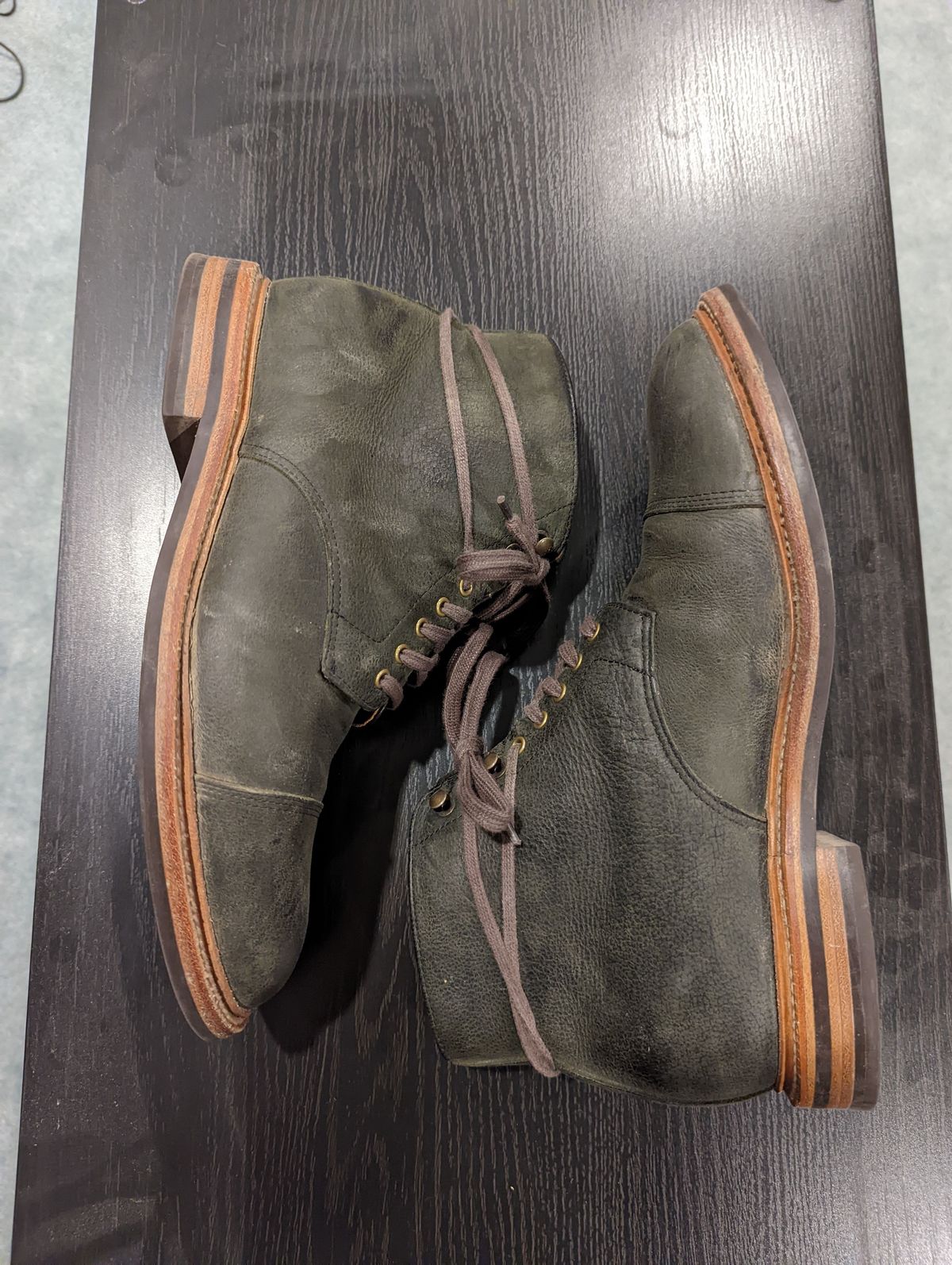 Photo by patinathunderdome on December 6, 2021 of the Grant Stone Cap Toe Boot in C.F. Stead Forest Kudu.