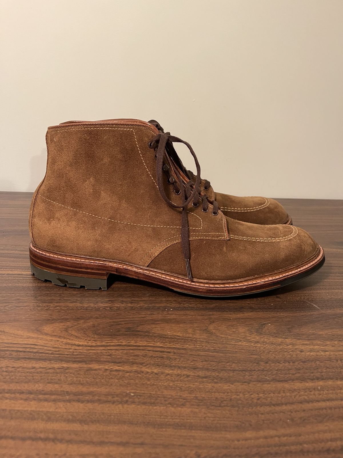 Photo by patinathunderdome on October 3, 2021 of the Alden Indy Boot in C.F. Stead Snuff Repello Calf Suede.