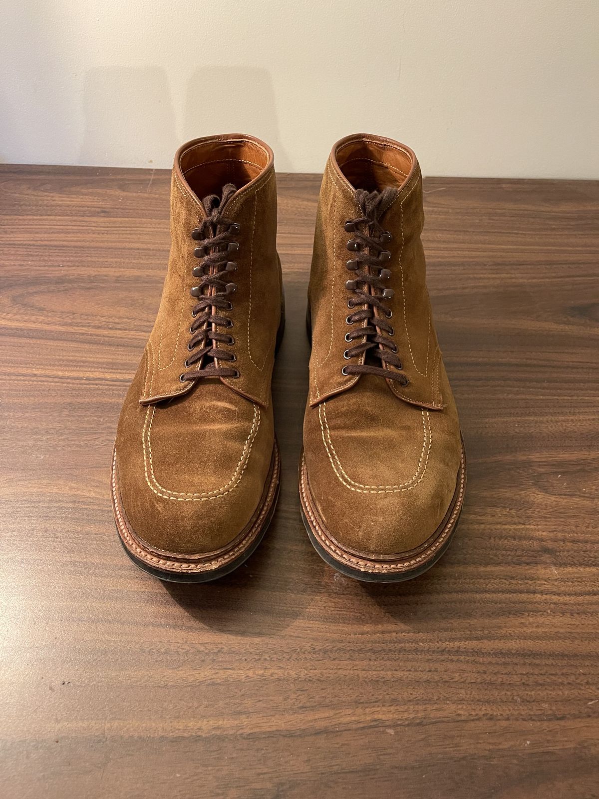 Photo by patinathunderdome on November 1, 2021 of the Alden Indy Boot in C.F. Stead Snuff Repello Calf Suede.