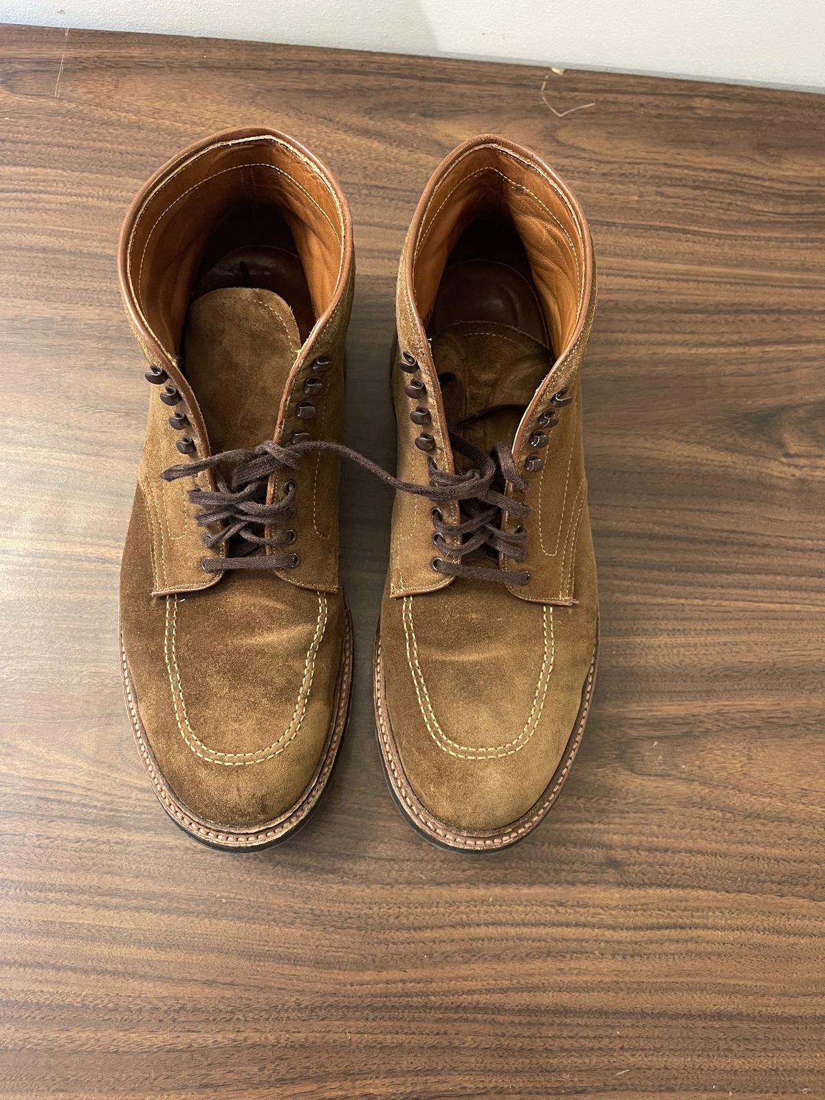 Photo by patinathunderdome on December 5, 2021 of the Alden Indy Boot in C.F. Stead Snuff Repello Calf Suede.