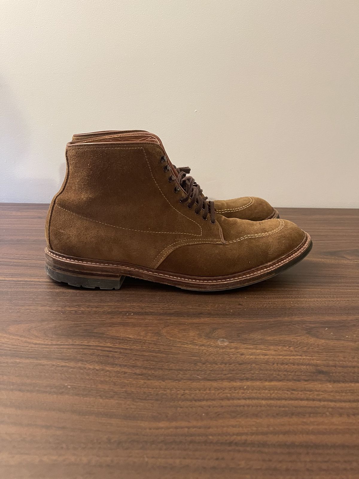 Photo by patinathunderdome on December 5, 2021 of the Alden Indy Boot in C.F. Stead Snuff Repello Calf Suede.