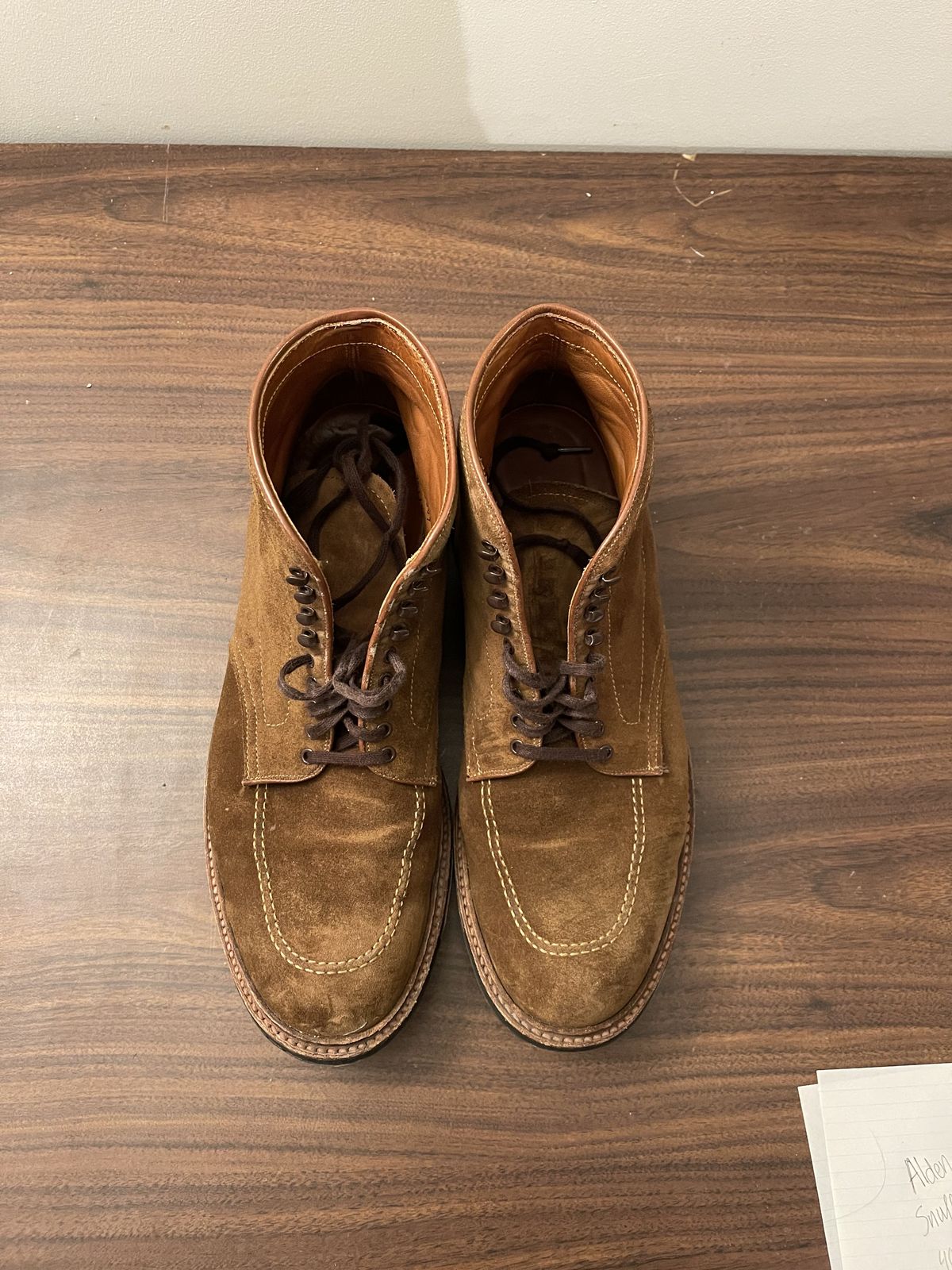 Photo by patinathunderdome on January 5, 2022 of the Alden Indy Boot in C.F. Stead Snuff Repello Calf Suede.