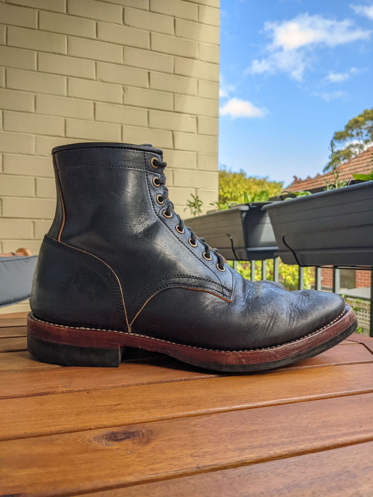 Photo by patinathunderdome on December 3, 2021 of the Benzein Kanon Boot in Maryam Black Horsehide.