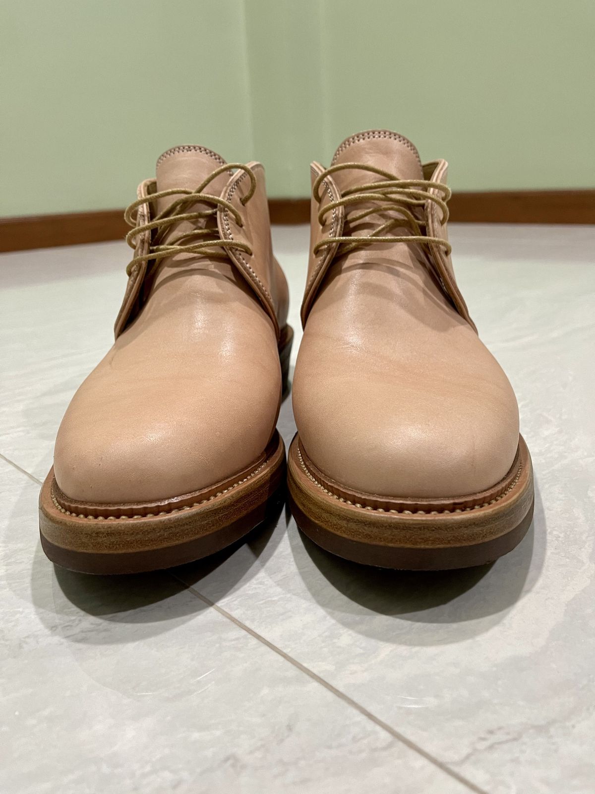 Photo by patinathunderdome on October 2, 2021 of the Flame Panda Chukkas in Tochigi Natural Cowhide.