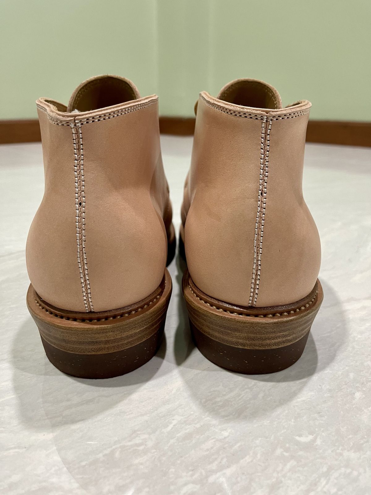 Photo by patinathunderdome on October 2, 2021 of the Flame Panda Chukkas in Tochigi Natural Cowhide.