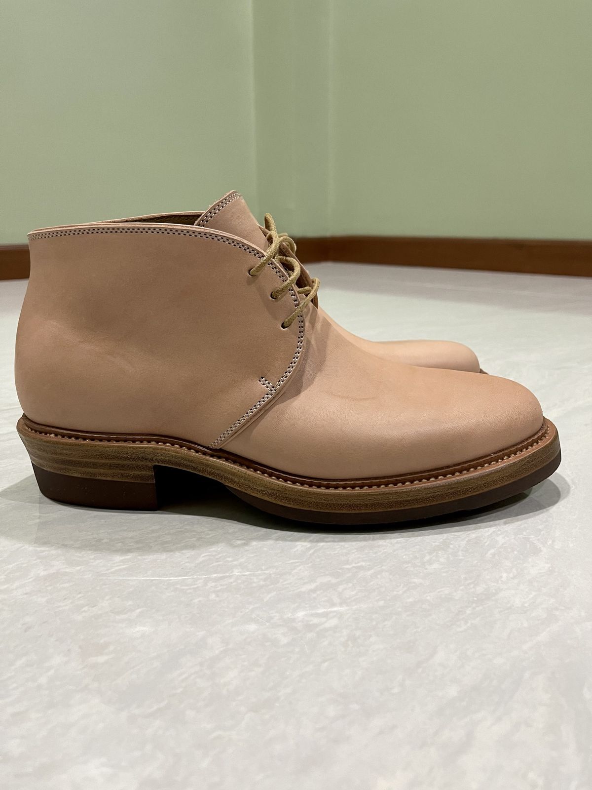Photo by patinathunderdome on October 2, 2021 of the Flame Panda Chukkas in Tochigi Natural Cowhide.