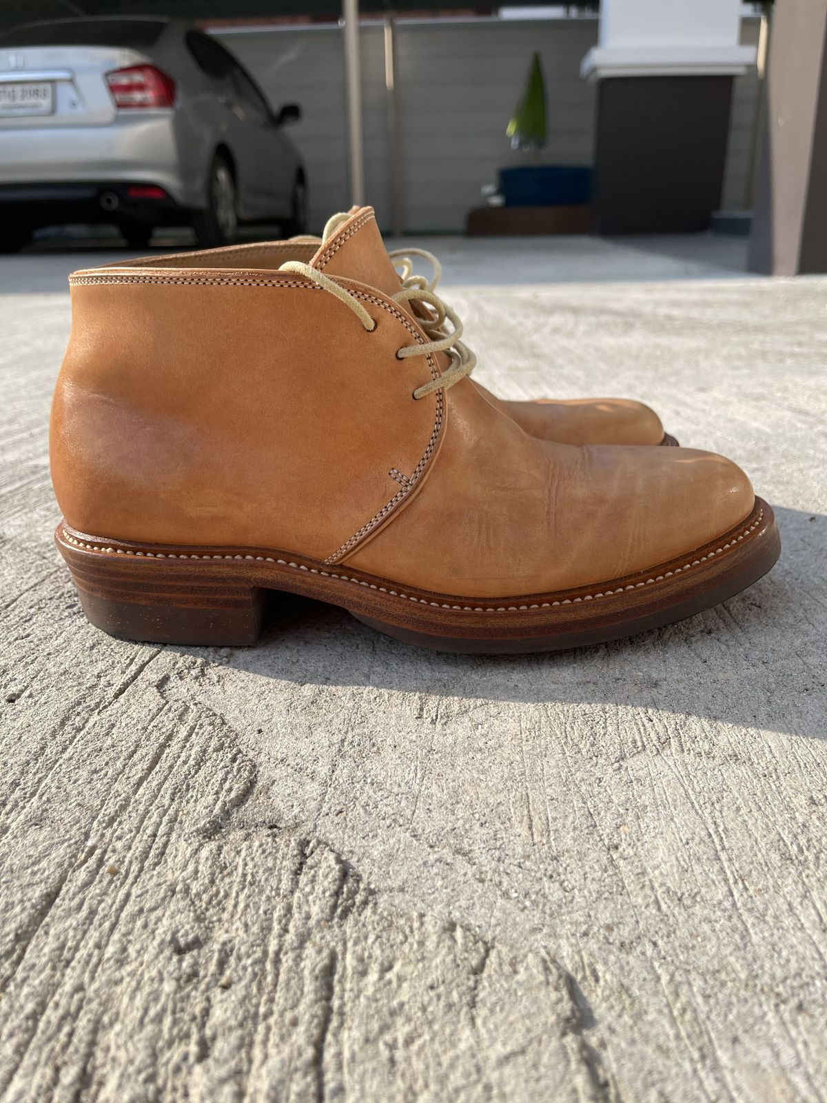 Photo by patinathunderdome on December 4, 2021 of the Flame Panda Chukkas in Tochigi Natural Cowhide.