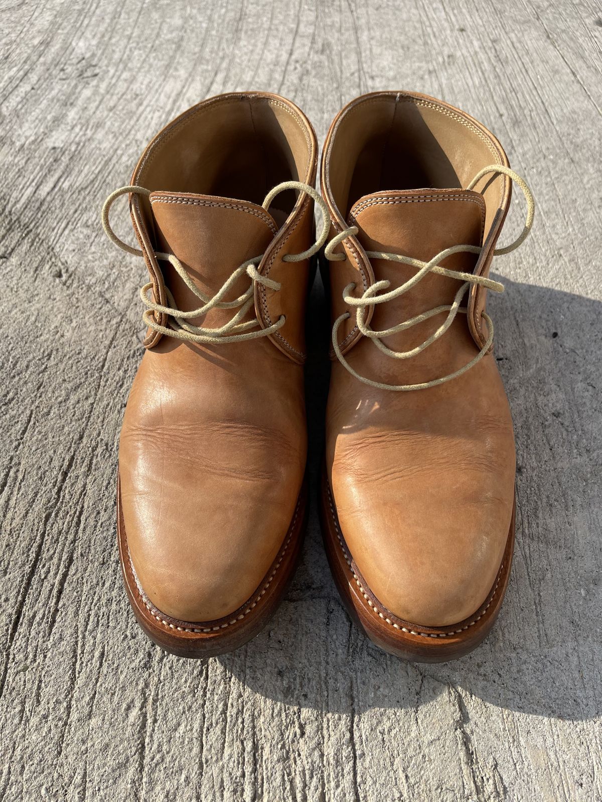 Photo by patinathunderdome on December 4, 2021 of the Flame Panda Chukkas in Tochigi Natural Cowhide.