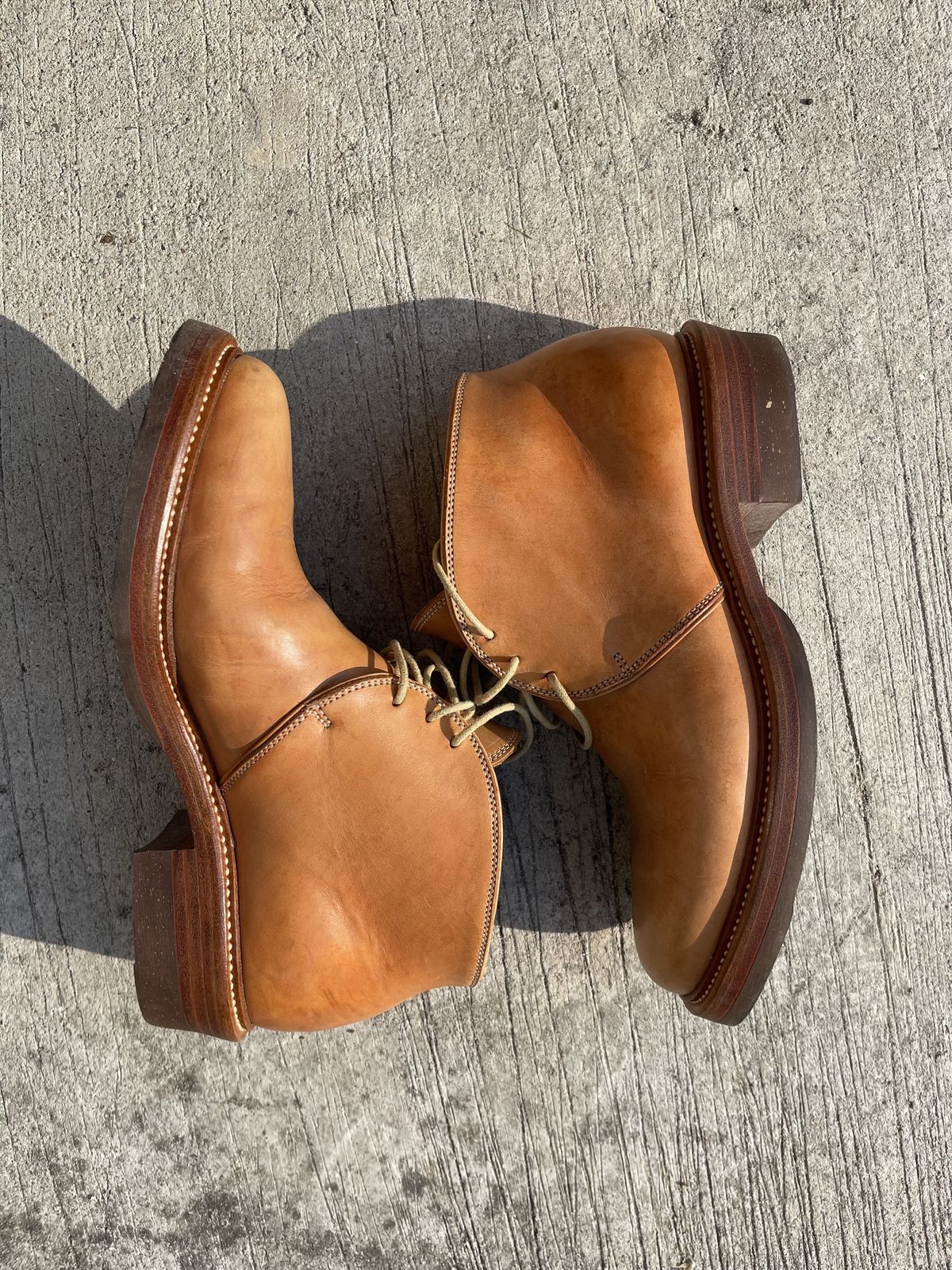 Photo by patinathunderdome on December 4, 2021 of the Flame Panda Chukkas in Tochigi Natural Cowhide.
