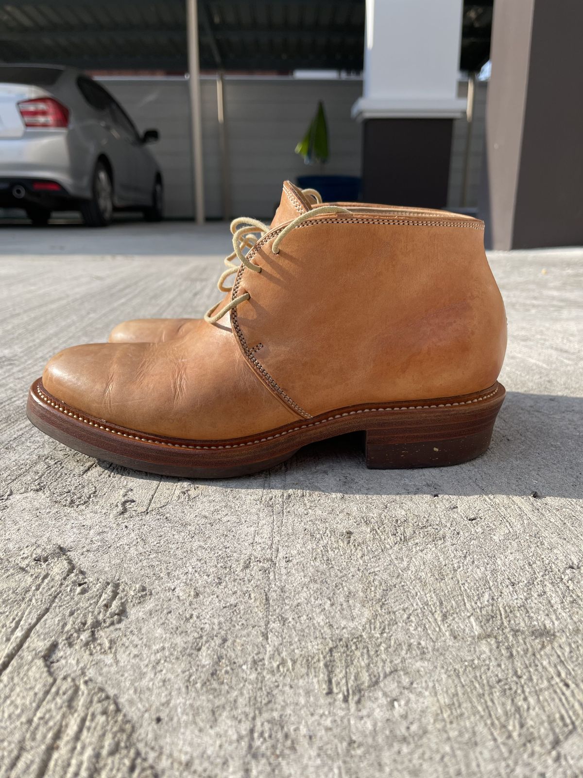 Photo by patinathunderdome on December 4, 2021 of the Flame Panda Chukkas in Tochigi Natural Cowhide.