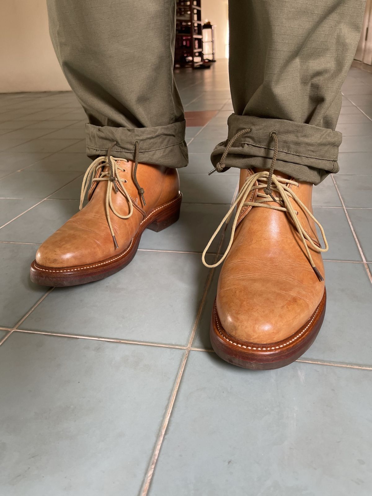 Photo by patinathunderdome on February 2, 2022 of the Flame Panda Chukkas in Tochigi Natural Cowhide.