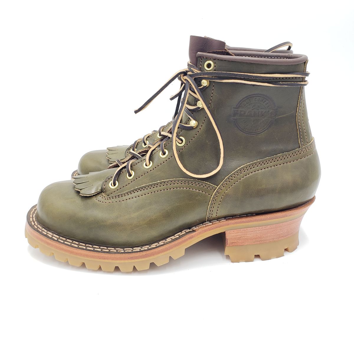 Photo by patinathunderdome on October 1, 2021 of the Frank's Boots Lace-To-Toe in Wickett & Craig Olive Traditional Harness.