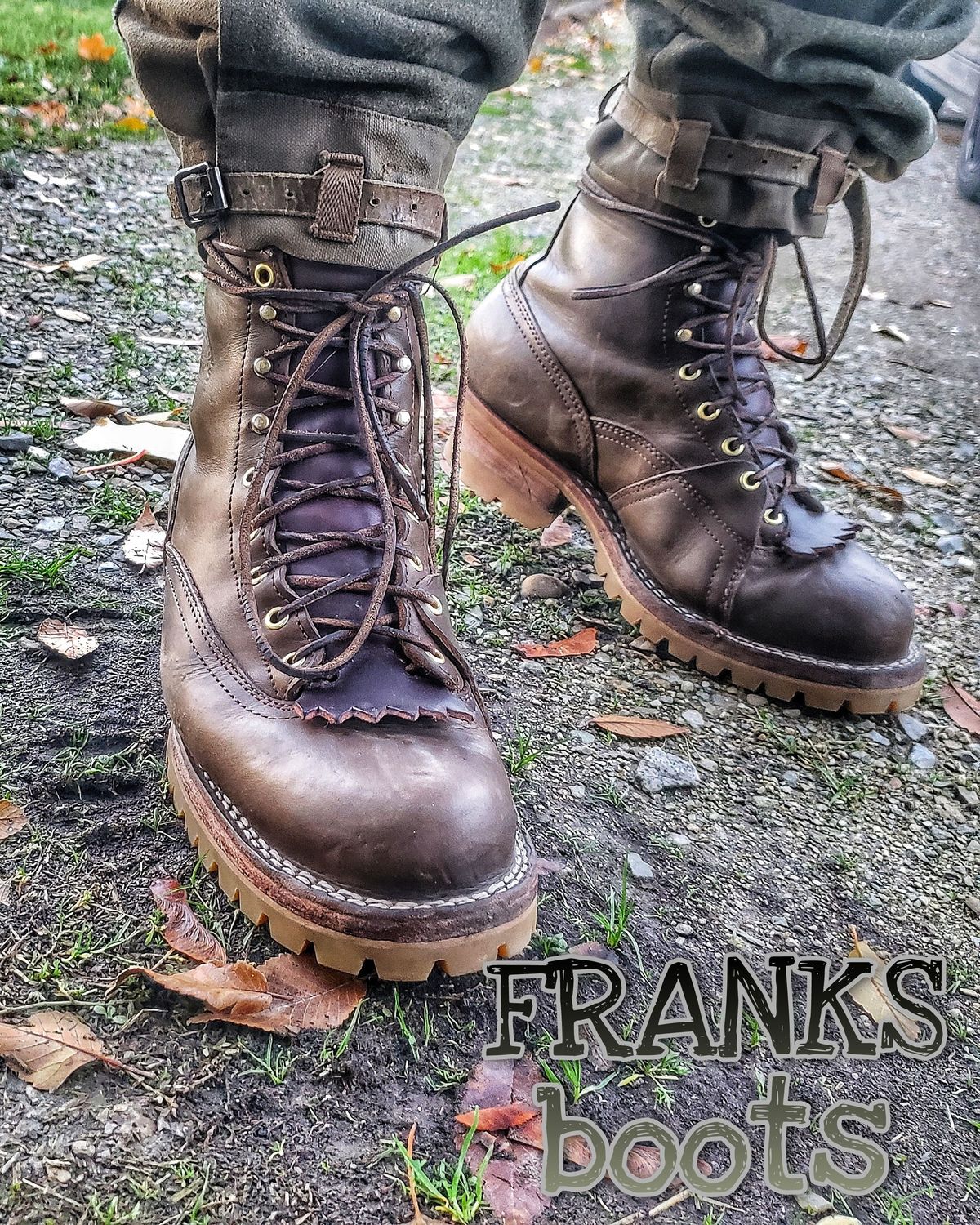 Photo by patinathunderdome on November 1, 2021 of the Frank's Boots Lace-To-Toe in Wickett & Craig Olive Traditional Harness.