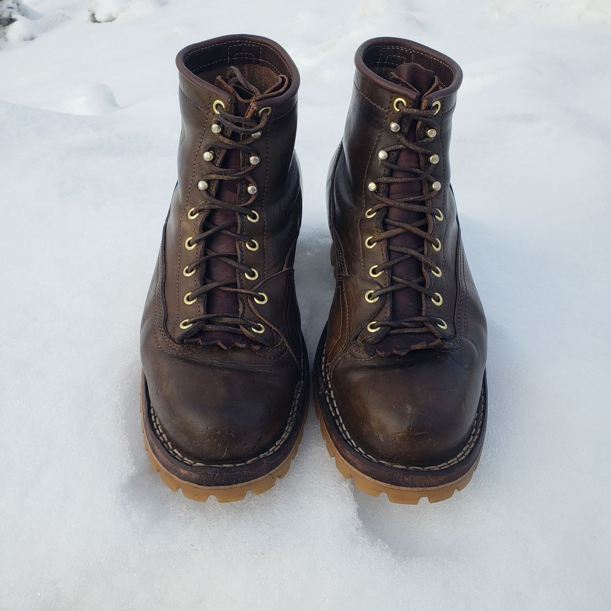 Photo by patinathunderdome on February 5, 2022 of the Frank's Boots Lace-To-Toe in Wickett & Craig Olive Traditional Harness.