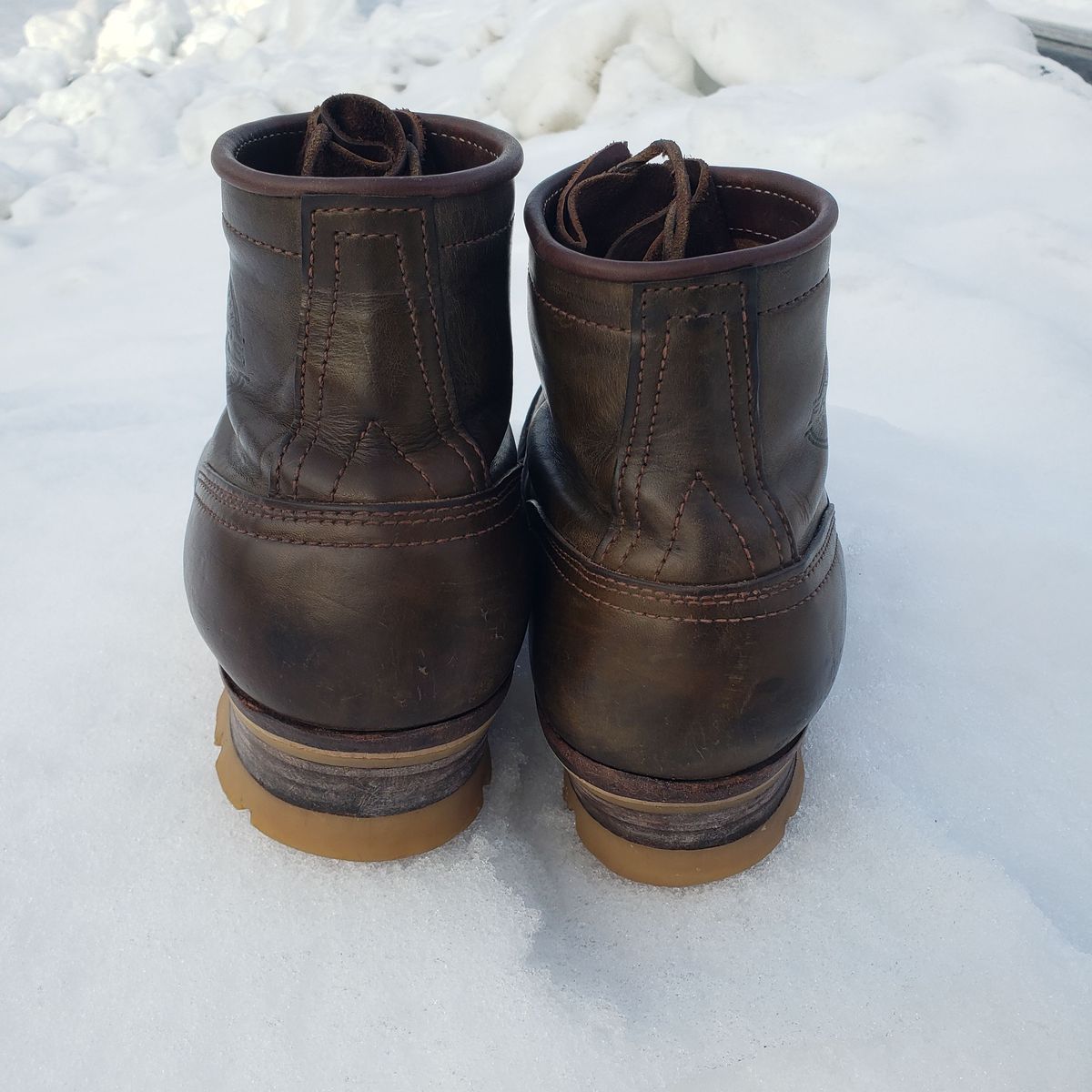 Photo by patinathunderdome on February 5, 2022 of the Frank's Boots Lace-To-Toe in Wickett & Craig Olive Traditional Harness.