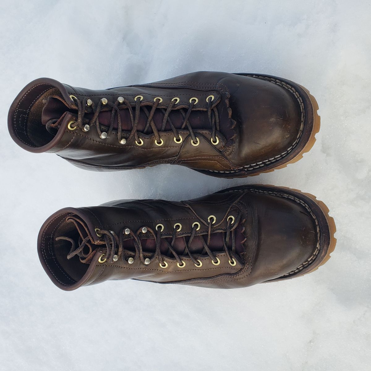 Photo by patinathunderdome on February 5, 2022 of the Frank's Boots Lace-To-Toe in Wickett & Craig Olive Traditional Harness.