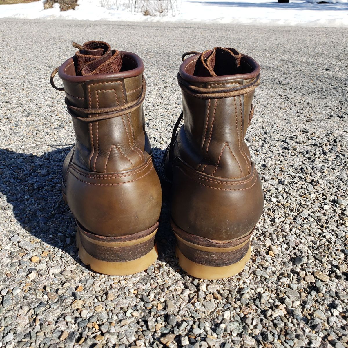 Photo by patinathunderdome on March 5, 2022 of the Frank's Boots Lace-To-Toe in Wickett & Craig Olive Traditional Harness.