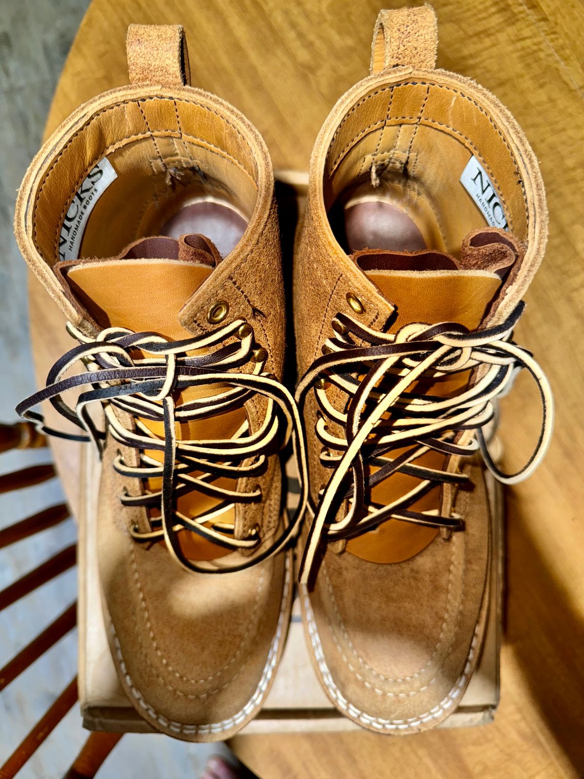 Photo by BigMealsOnly on November 10, 2023 of the Nicks Moc Toe in Seidel 1964 Tan Roughout.