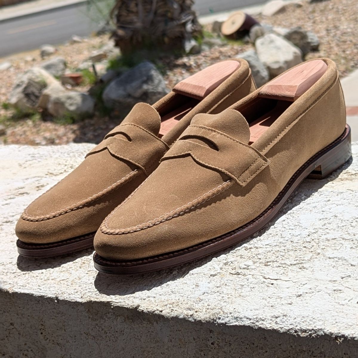 Photo by botasblancas on June 18, 2024 of the Alden Leisure Handsewn Penny Loafer in Tan Suede.