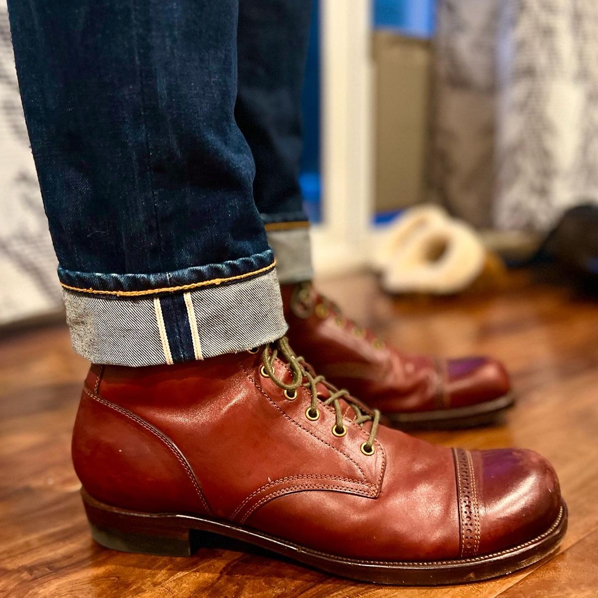 Photo by bootsrhymesandlife on January 13, 2023 of the Iron Boots 5515 in Maryam Brick Red Hand-Dyed Horsehide.