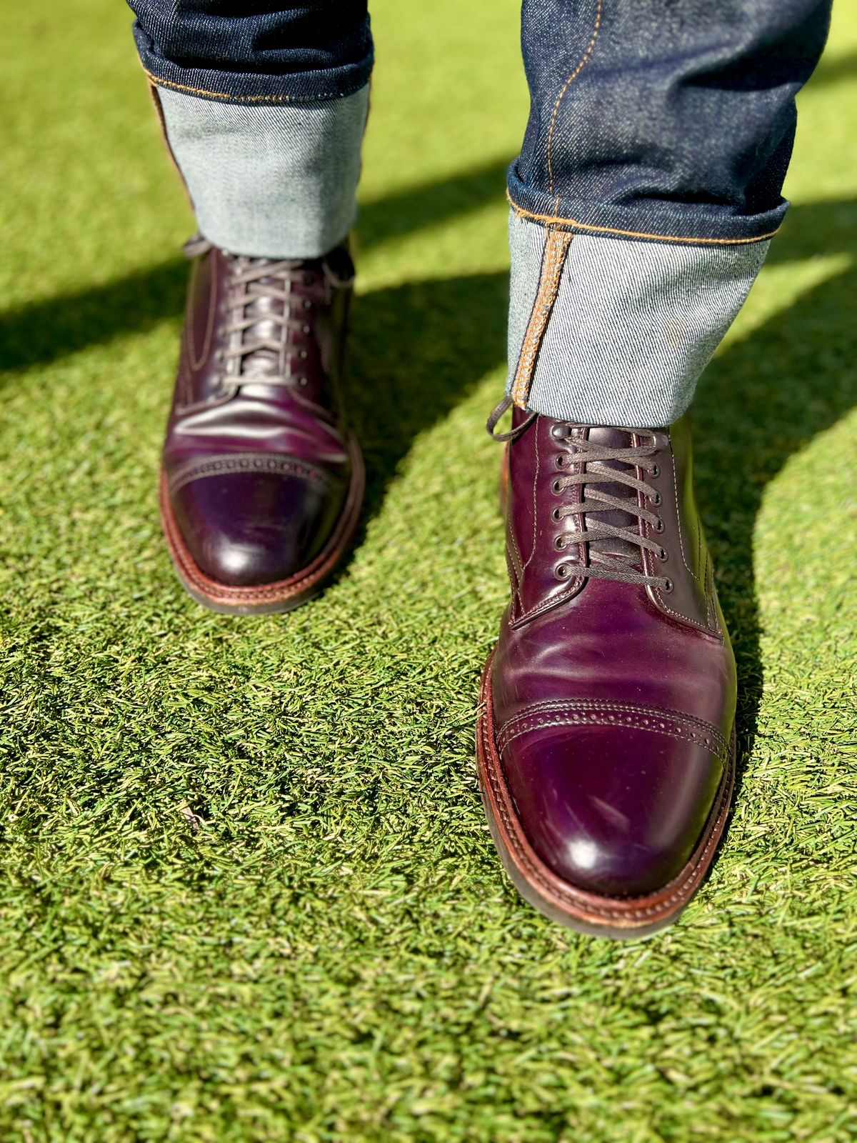 Photo by bootsrhymesandlife on February 22, 2023 of the Alden Perforated Cap Toe Boot in Horween Color 8 Shell Cordovan.