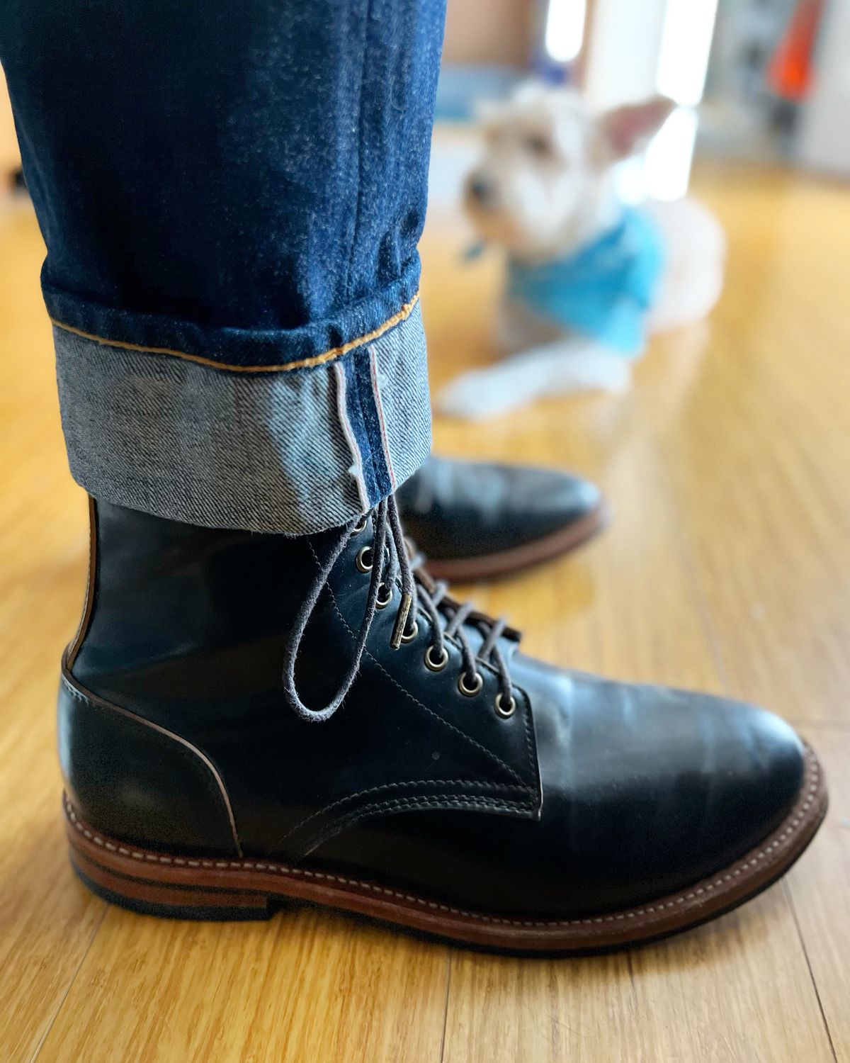 Photo by bootsrhymesandlife on March 17, 2022 of the Oak Street Bootmakers Trench Boot in Horween Black Shell Cordovan.