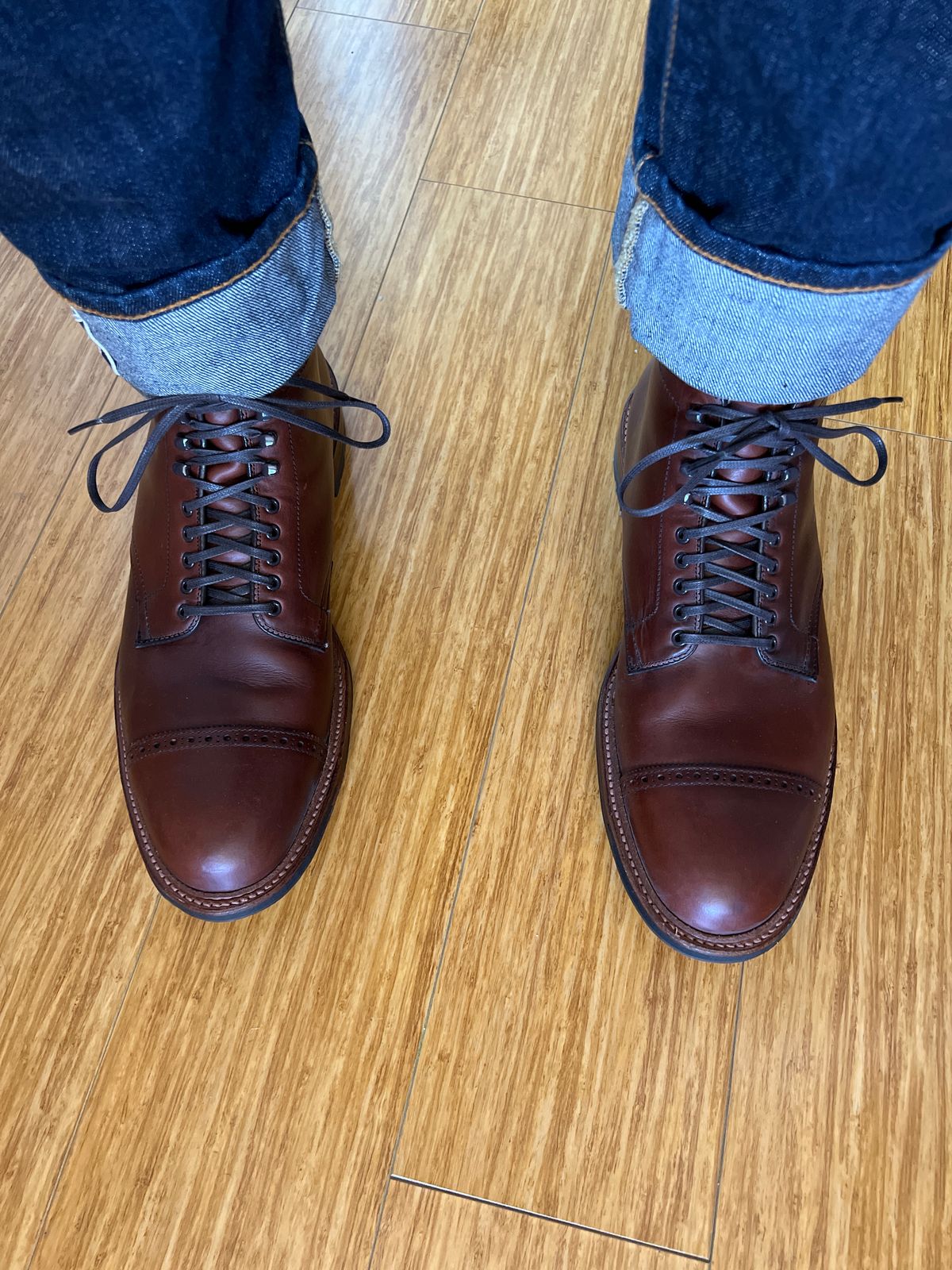 Photo by bootsrhymesandlife on June 6, 2022 of the Alden Perforated Cap Toe Boot in Horween Brown Chromexcel.