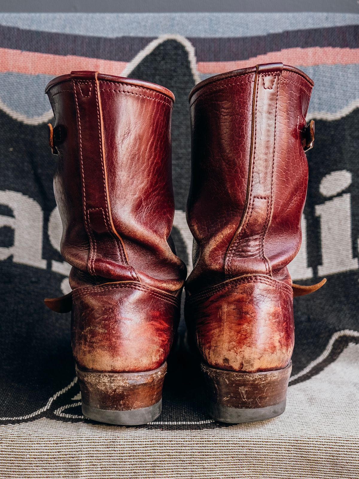 Photo by bootsmaniac on March 5, 2023 of the John Lofgren Wabash Engineer Boots in Shinki Burgundy Oiled Horsebutt.