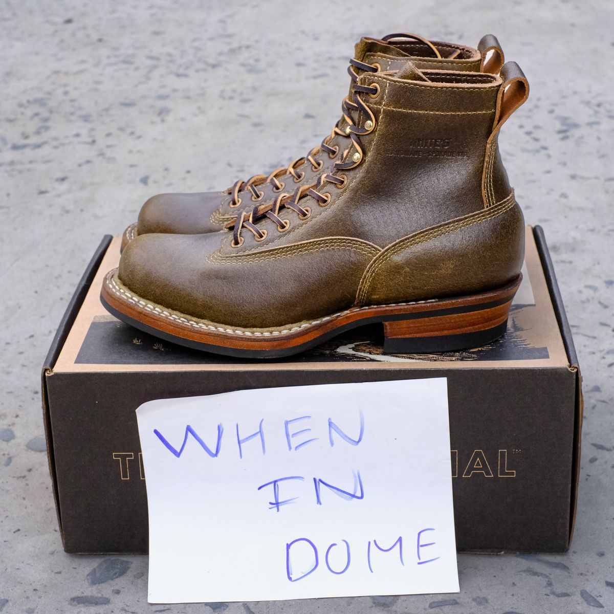 Photo by bootsmaniac on November 2, 2024 of the White's C350 Cutter in Horween Olive Waxed Flesh.