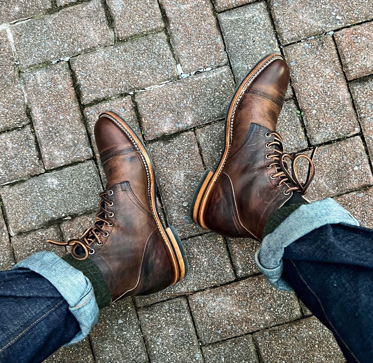 Photo by coolhand0302 on January 18, 2022 of the Viberg Service Boot BCT in Horween Vintage Mocha Oil Harness (3sixteen).