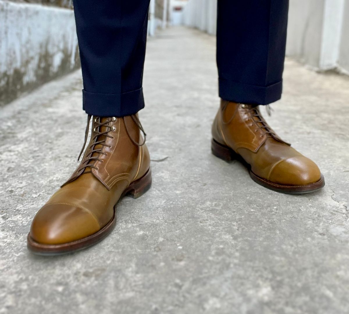 Photo by coolhand0302 on January 18, 2024 of the Viberg Halkett Service Boot in Horween Calvados Shell Cordovan.